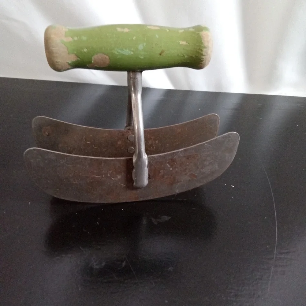 Vintage Double Blade Mezzaluna Herb Chopper Green Wood Handle Rustic Kitchen
